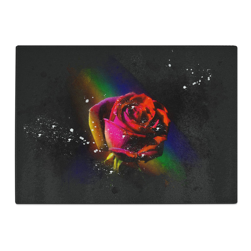 Tempered Glass Rainbow upon a Red Rose Chopping Board, 20 cm x 28.5 cm