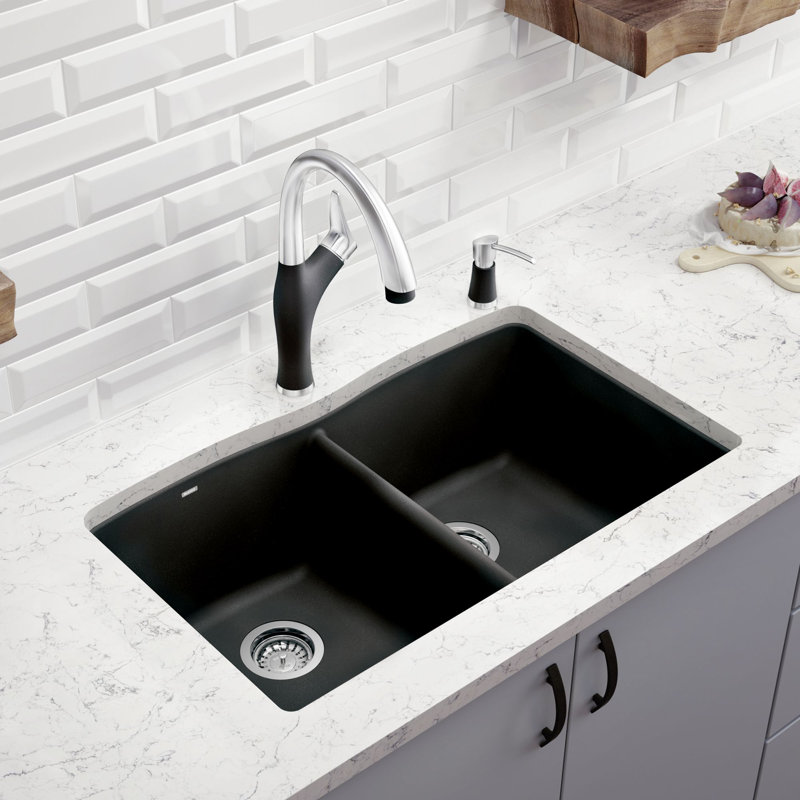 Diamond SILGRANIT 32" L x 19.36" W Double Basin Undermount Kitchen Sink, Soft White