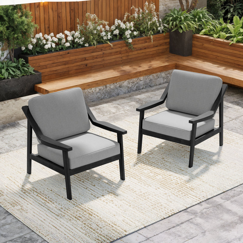 Solid Wood Teak Outdoor Lounge Chairs With Cushion And Arms, Gray, Black