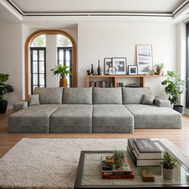 Canapé modulaire en velours côtelé 135,4 po avec 3 repose-pieds Boneless, Gris, Orienté à droite