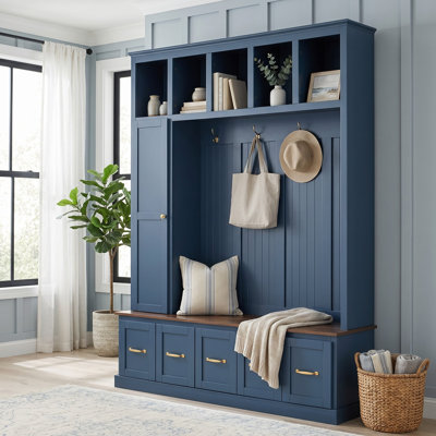 59.1" W Hall Tree with Storage Bench, 5 Drawers and Side Cabinets, Vertical Slat Design with Gold-Tone Hardware, Modern, for Entryway and Mudroom