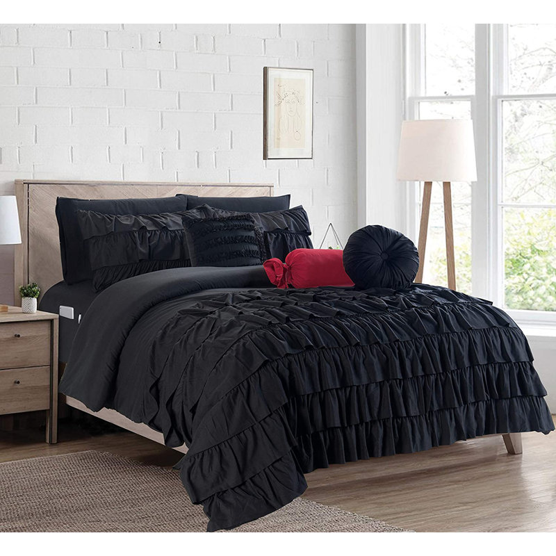 Elegant Comfort Ring Stitch Comforter, Black, Twin Comforter + 7 Additional Pieces