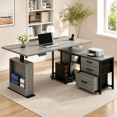Aderyn 63'' L-Shaped Electric Standing Desk,  Adjustable Height Desk With Power Outlets and 3 Storage Drawers