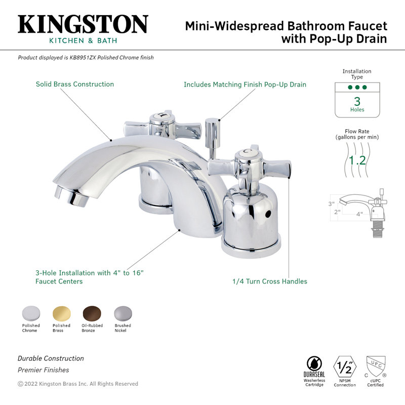 Kingston Brass Millennium Two-Handle 3-Hole Deck Mount Mini-Widespread Bathroom Faucet with Plastic Pop-Up, Brushed Nickel