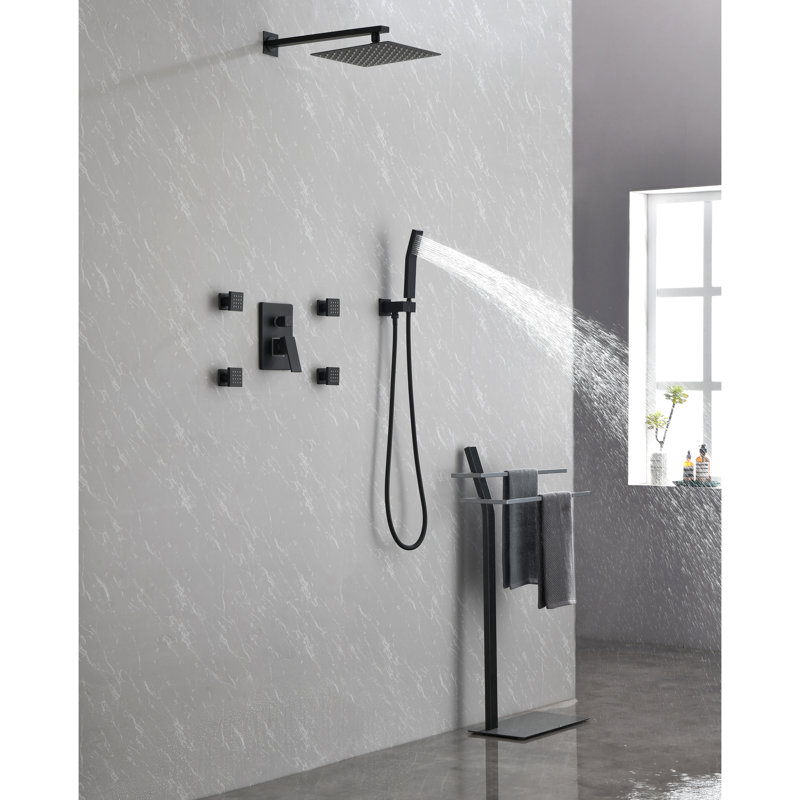 Ensemble de douche de luxe noir mat, pomme de pluie de 10 po, douche à main, jets de corps, ensemble de salle de bain à 3 valves, 3 fonctions