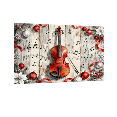 Violon de Noël, notes de musique, décorations de Noël, rubans, ensemble de 3 impressions sur toile