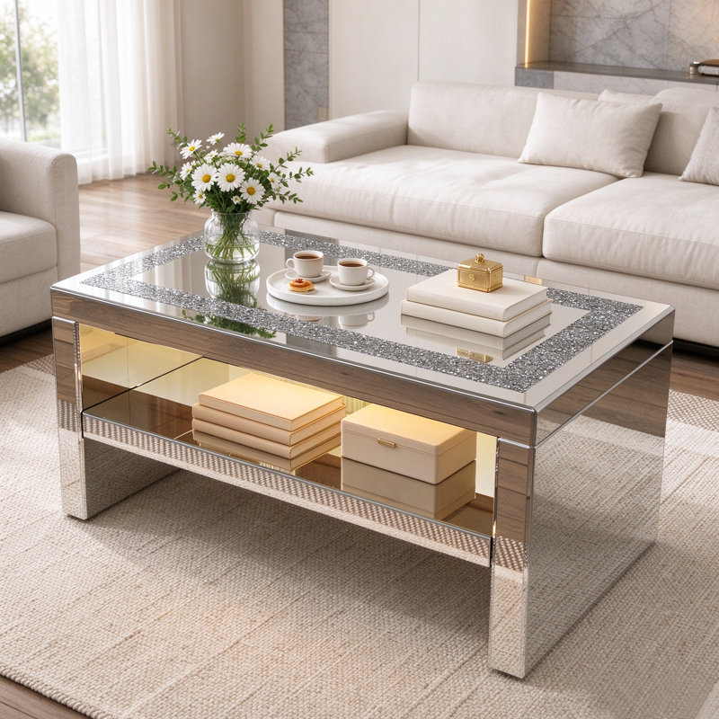 Table basse en miroir avec panneau en cristal, table basse rectangulaire en verre avec 2 niveaux pour le salon