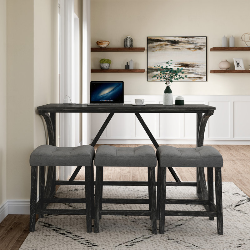 Bar Table And Chairs Set With Power Outlet, Black