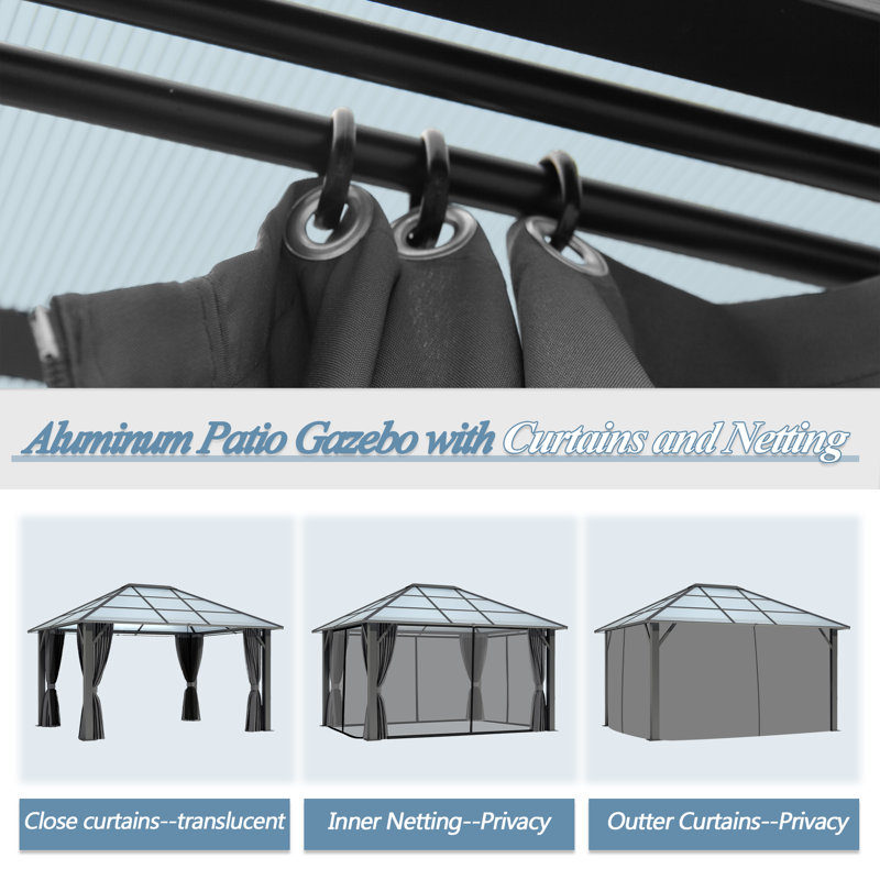 10' x 12' Gray Steel Hardtop Gazebo with Curtains and Netting