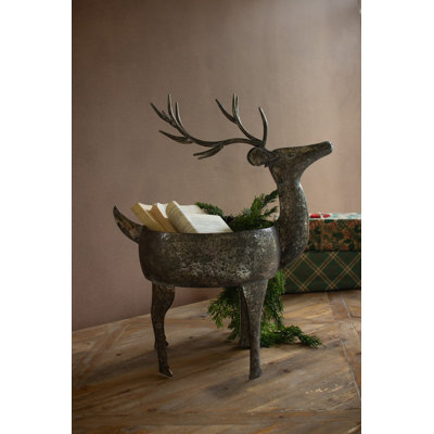  Metal Reindeer Planter 24"H – Rustic Distressed Finish – Holiday Accent