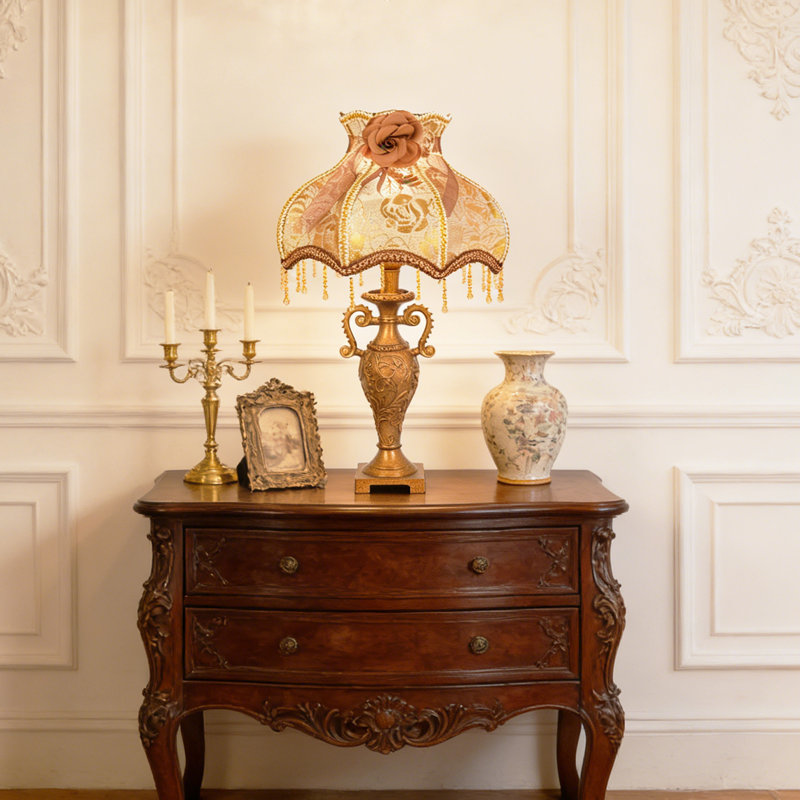 21 ''h Classical European Table Lamp, Antique Flower Fabric Desk Lamp With 3 Color Bulb