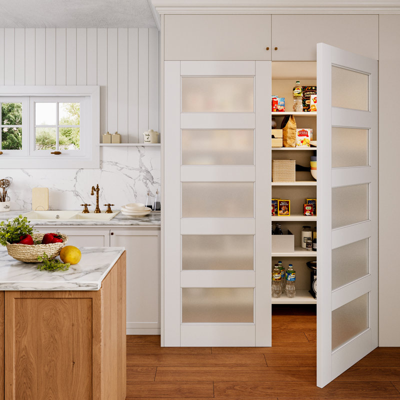Porte standard double en bois massif givré blanc 5 pièces, 72 po x 96 po, 2