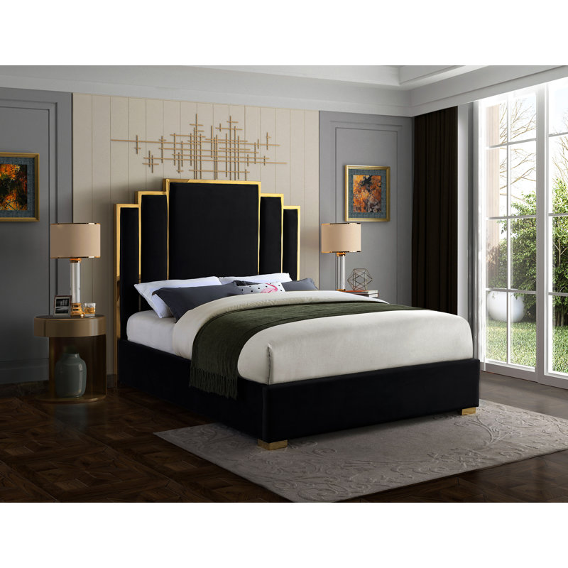 Lit plateforme tapissier Hugo, Velours noir, Très grand