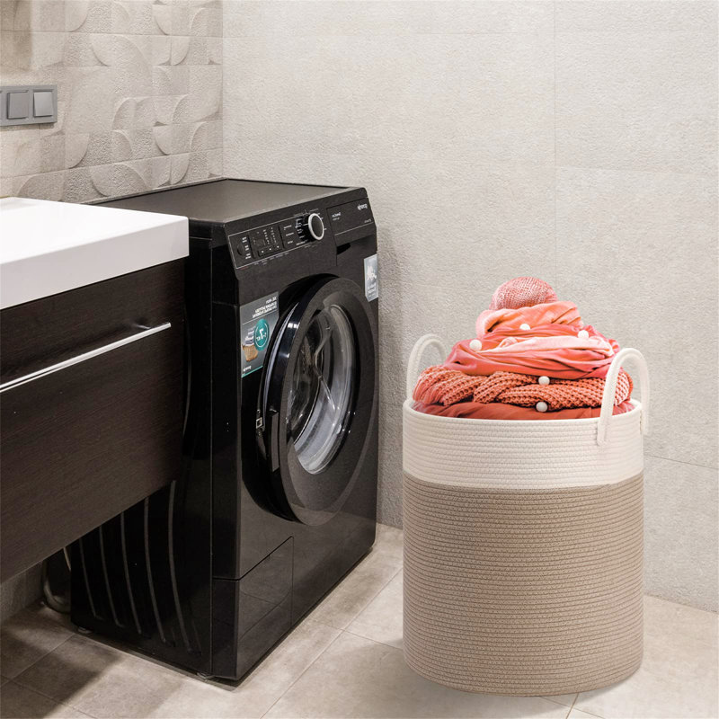 Fabric Laundry Hamper with Handles, White/Brown