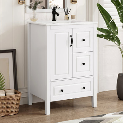 Meuble-lavabo 24 po avec lavabo, une armoire avec porte à fermeture douce, 3 tiroirs à fermeture douce, poignées en métal rétro