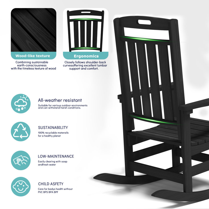 3-piece Hdpe Outdoor Rocking Chair Set With Side Table, All-weather Poly Rockers For Porch, Patio & Garden, Black