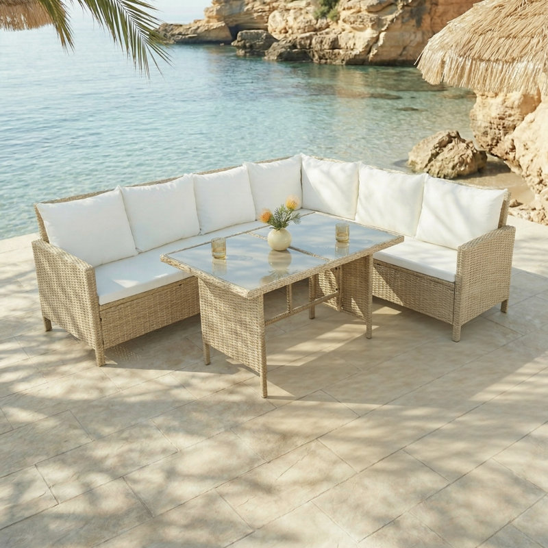 Alia Outdoor Rattan Corner Sofa And Table Set , Natural, Beige