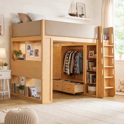 Lit mezzanine en bois massif avec barrières de sécurité rembourrées, armoire intégrée, tiroirs, étagères et éclairage DEL pour chambres modernes