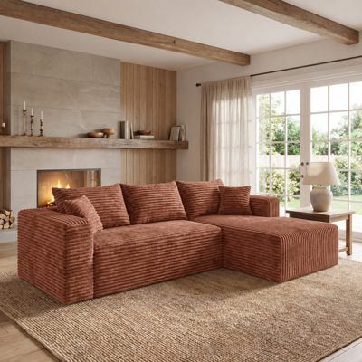 L-Shaped Modular Sectional Couch Flannel Compression Sofa with Pocket Spring, Modern Deep Seat Convertible Sofa, Upholstered Couches for Living Room, Brown