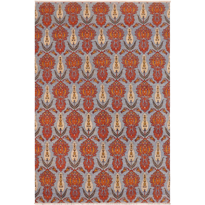 Tapis bleu / rouge / beige en laine noué à la main de 10 pi 1 po x 13 pi 10 po Othe Damask