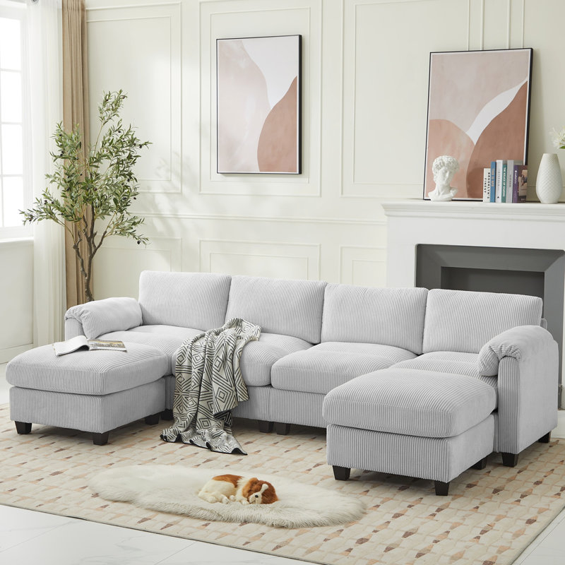 Canapé modulaire en U avec repose-pieds en velours côtelé 6 pièces, Velours côtelé gris