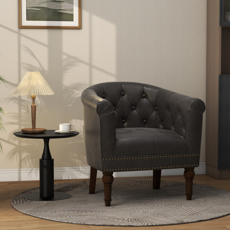 Edvardas 61.9 Cm Wide Tufted Barrel Chair, Coffee Faux Leather