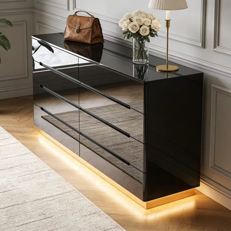 Commode à surface lustrée de 63 po de largeur avec 8 tiroirs, Noir, noir, noir, noir