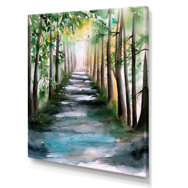 Une allée de forêt ensoleillée avec des ombres d'arbre - peinture sur toile, Toile tendue, H 20 po x l 12 po