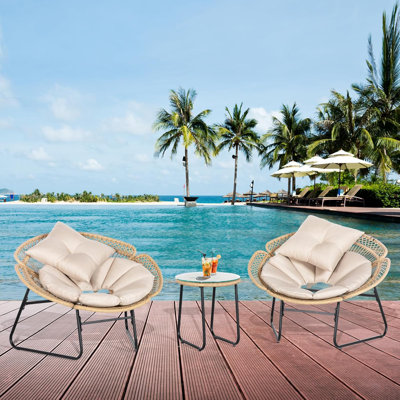 3 Pieces Bistro Set Outdoor Wickerpatio Conversation Set Backrest With Cushions And Tempered Glass Side Table