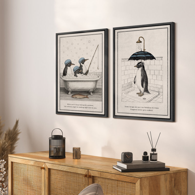 Art mural pingouin avec parapluie, reproduction d'art amusante pour salle de bain moderne ou décoration originale