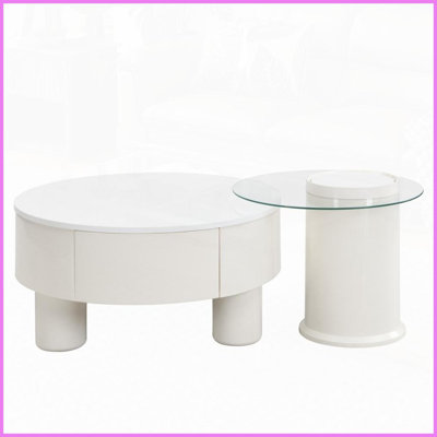 Ensemble de 2 tables basses gigognes en plastique blanc avec rangement, 27,56 po 19,69 po pour le salon