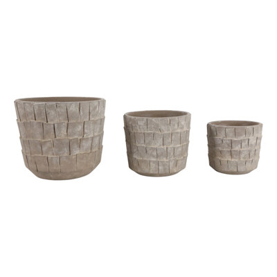 Textured Round Terracotta Outdoor Planters for Home Living Room - Rustic Indoor Styling Flower Pots for Patio Decor - Set of 3, 9", 7", 6", Gray & Ivory