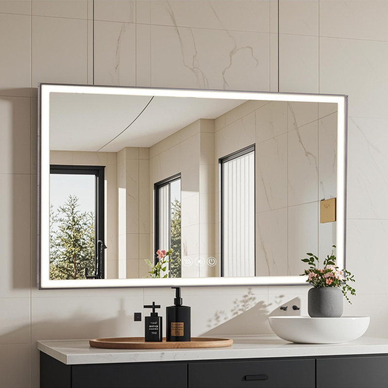 Miroir de salle de bain 48 po x 32 po à DEL, cadre en aluminium avec lumières biseautées à angle biseauté à 45 °, 3 couleurs, antibuée, convenant à une décoration moderne