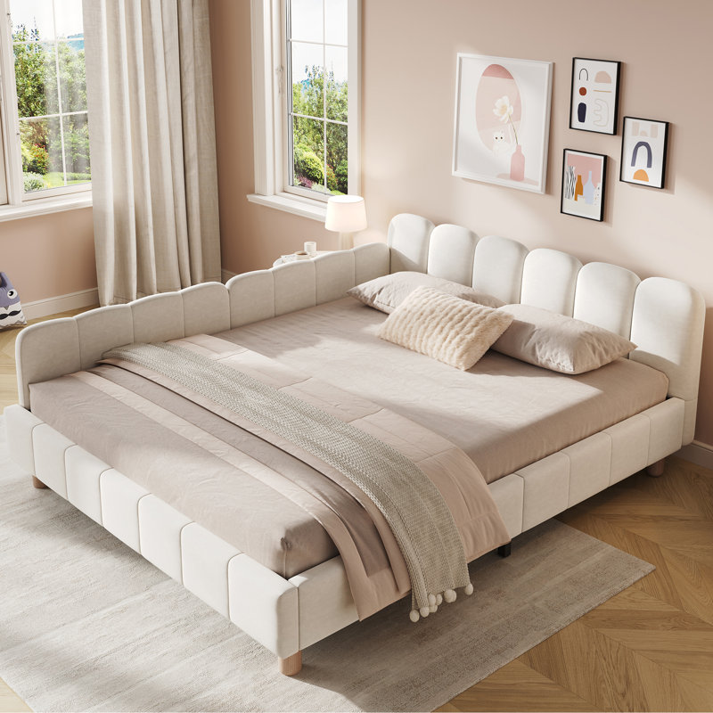 Velvet Bed Frame with Adjustable Side Panels & Storage Pockets, Double, Beige