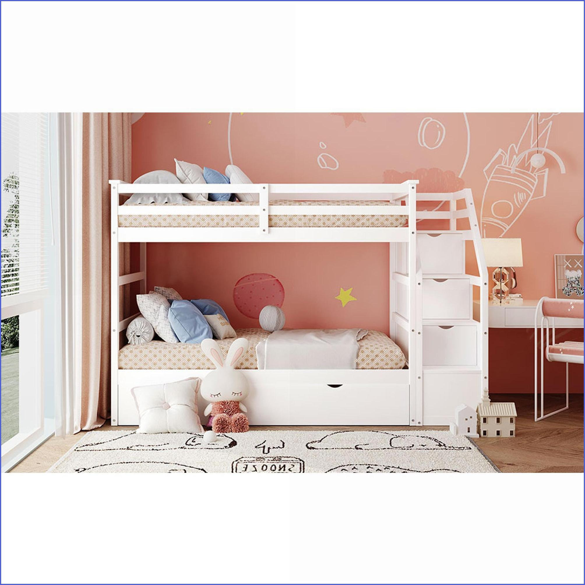 Latitude Run® Twin-Over-Twin Pinewood Bunk Bed with Trundle & 3 Storage ...