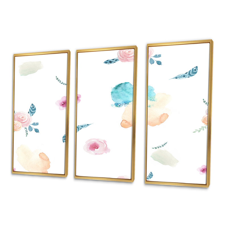 Fleurs abstraites roses et bleues - ensemble d'art mural sur toile traditionnel encadré de 3, H 32 po x l 48 po x P 1 po, Or