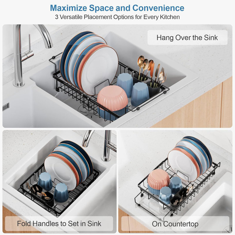 Expandable in Sink Dish Drying Rack - Adjustable Capacity (12.4''-17.1''L) Over The Sink Dish Drainer Drying Rack for Kitchen Counter and Sink, Dish Rack with Utensil Holder