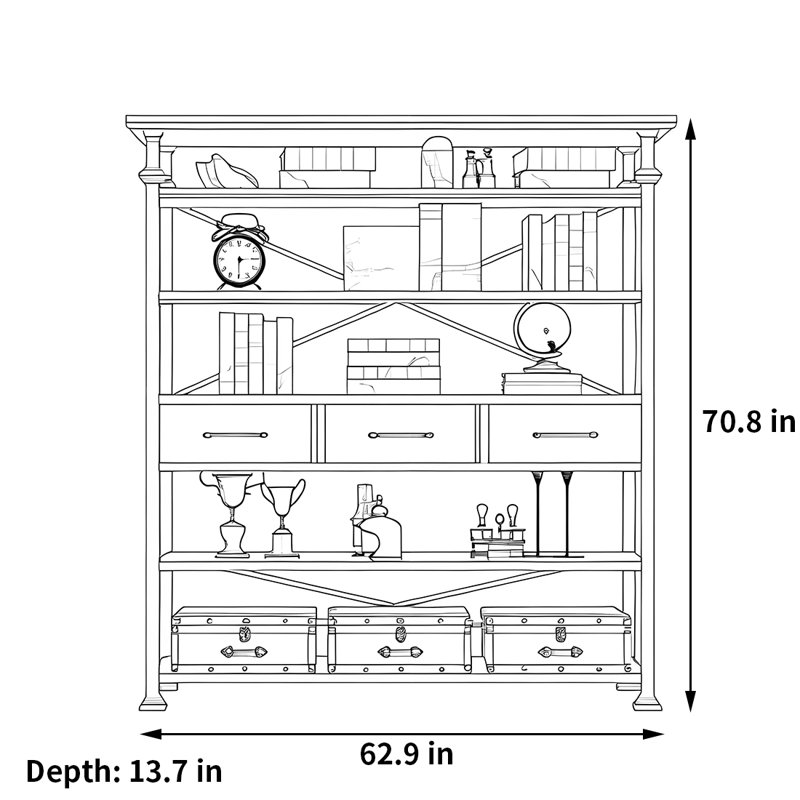 Bibliothèque rétro tendance, (5 tablettes) H 70,8 po x l 62,9 po x P 13,7 po