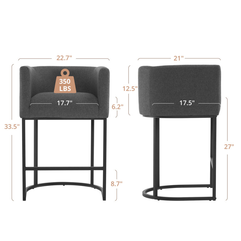Tabouret de bar H 33,5 po Christlyn, Siège gris carbone / structure noire, Lin lin