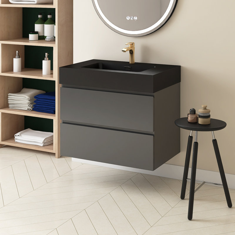 Louka 29.9'' Single Bathroom Vanity with Quartz Top, Gray, Black