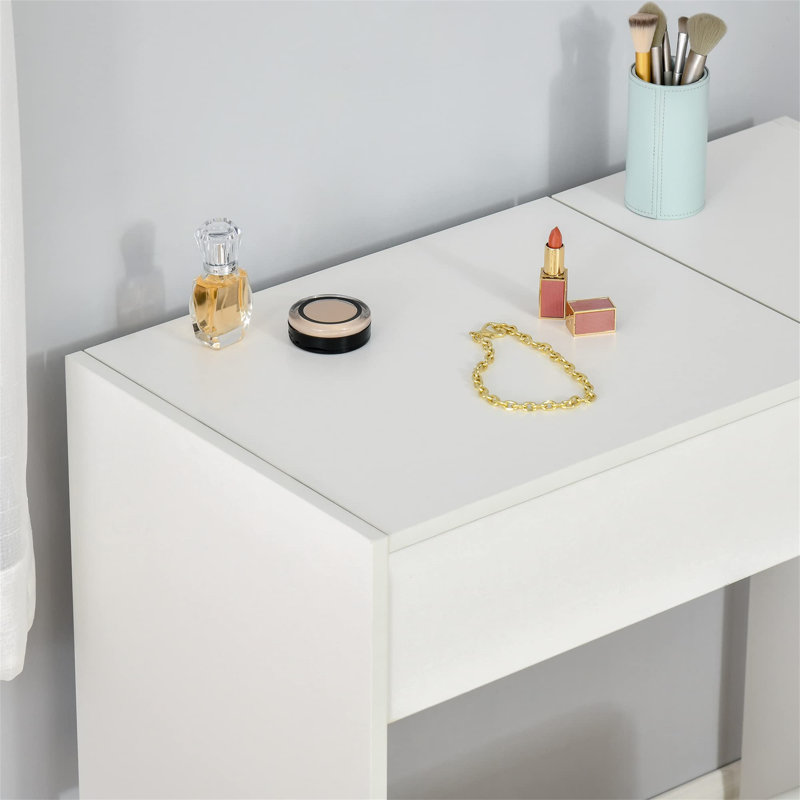 Makeup Desk With Drawer, Vanity Table Set With Flip-Up Mirror And Cushioned Stool, White