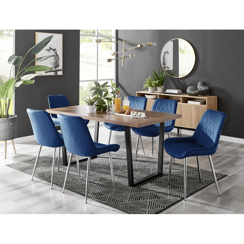 White High Gloss Rectangular 6 Seat Dining Table Set with Luxury Velvet Dining Chairs, Brown, Navy/Silver