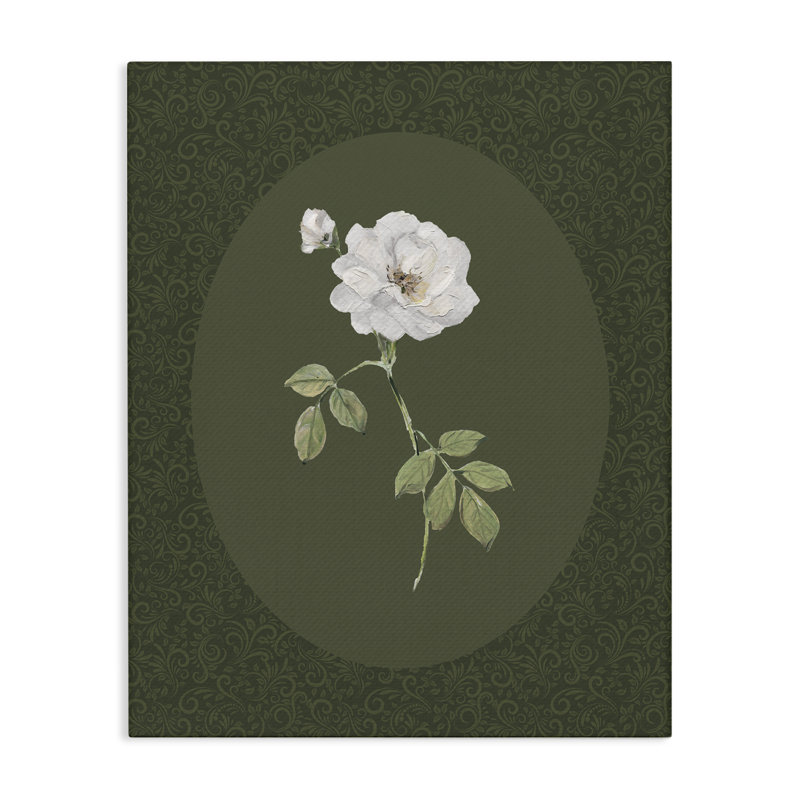 Rose blanche sur toile émeraude, design par Sally Swatland, H 20 po x l 16 po