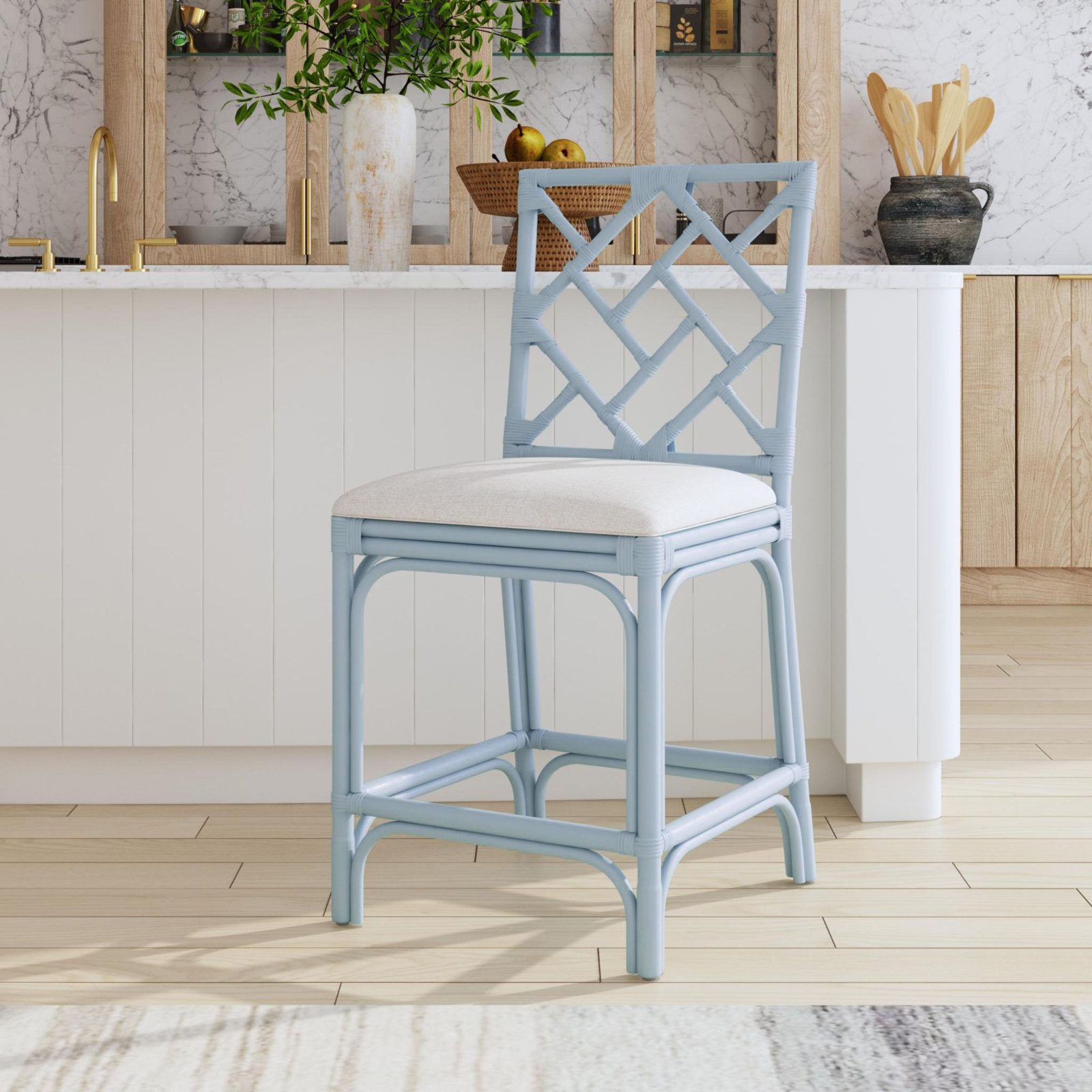 Fulton Bar Stool, Counter Stool (24" Seat Height), White Seat / Blue Frame