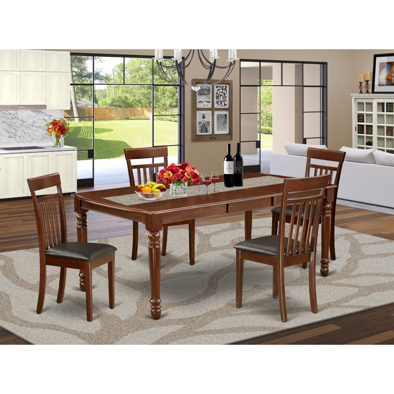 5 Piece Dining Room Table Set Includes a Rectangle Wooden Table with Butterfly Leaf and 4 Faux Leather Kitchen Dining Chairs, Mahogany