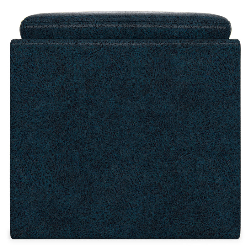 Repose-pieds carré contemporain avec rangement en cuir végétalien et plateau basculant Rockwood, Bleu foncé patiné