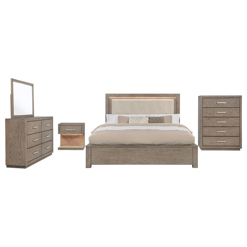 Liutulf 5-piece Eastern King Bedroom Set Barley Brown, King, 5 Pcs: Bed, Nightstand, 2 Dressers, Mirror