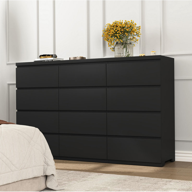 12 Drawers Double Dresser, Modern Wood Dresser Chest Of Drawers With Large Storage Space For Bedroom, Black, Black