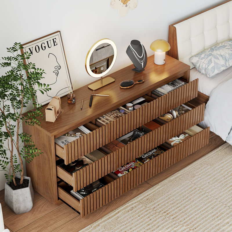9-Drawer Fluted Dresser, 58'' W Wood Storage Closet Dressers Chest Of Drawers, Walnut