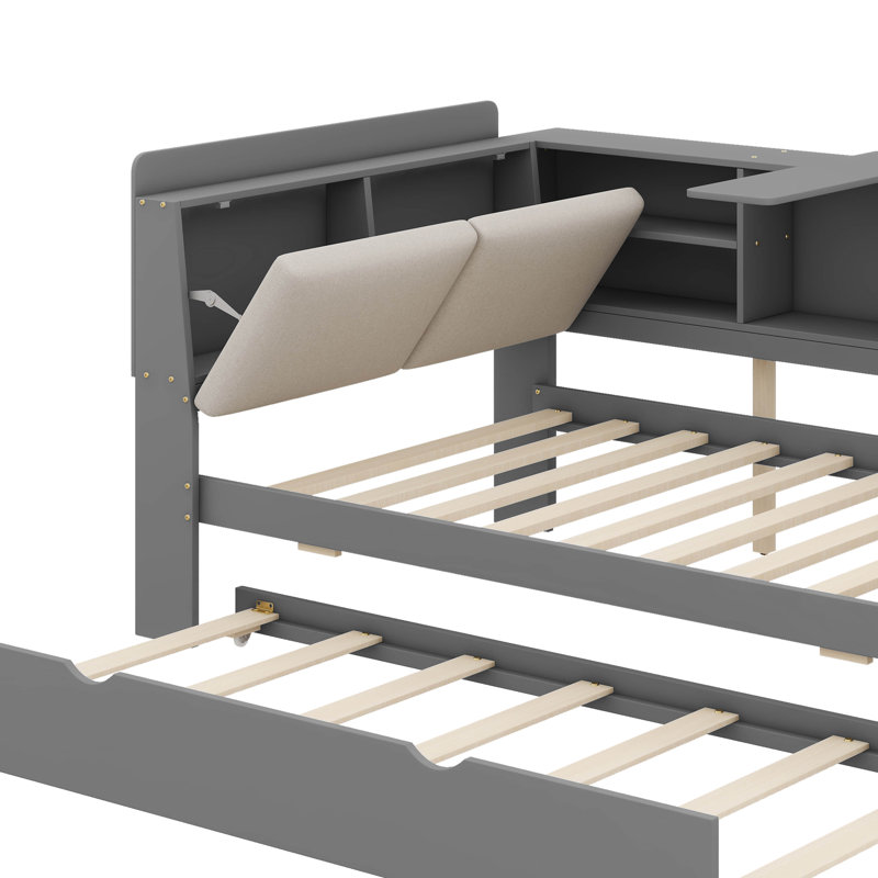 Practical Platform Bed With Pull Out Trundle Shelving Units And Storage Headboard, Grey